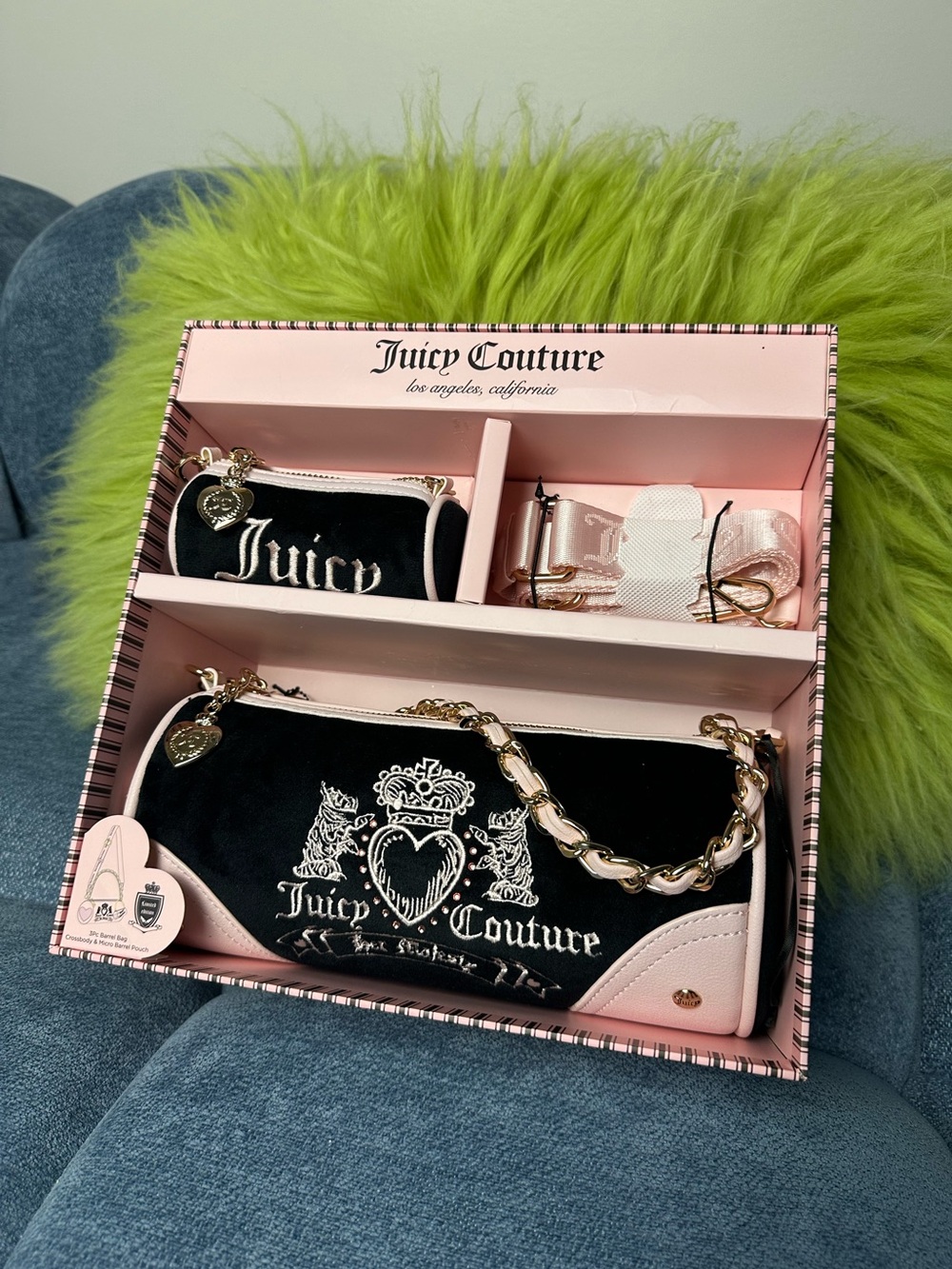 Juicy Couture Limited Edition Black Velvet 3-Piece Barrel Bag Set NWT Gift Box